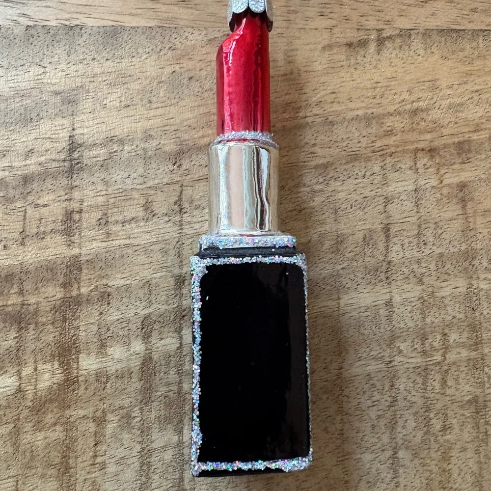 Lipstick Ornament - Red, Black, and Silver Glitter Glass, Great for Your Tree! - Picture 2 of 9